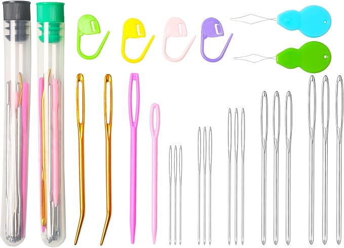 Hekisn 45Pcs Large Eye Blunt Yarn Needles kit, Assorted Sizes Bent Tapestry Darning Needle, Sewing Needles with Needle Threaders & Stitch Markers for Knitting Crochet (Green&Black)