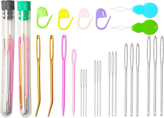 Hekisn 45Pcs Large Eye Blunt Yarn Needles kit, Assorted Sizes Bent Tapestry Darning Needle, Sewing Needles with Needle Threaders & Stitch Markers for Knitting Crochet (Green&Black)