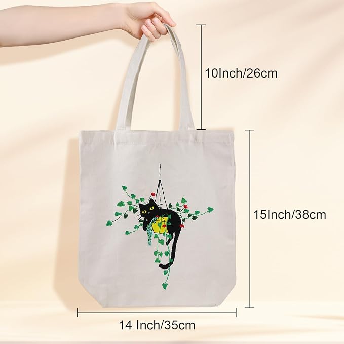 Louise Maelys Plant Cat Embroidery Kit Canvas Tote Bag for Beginners