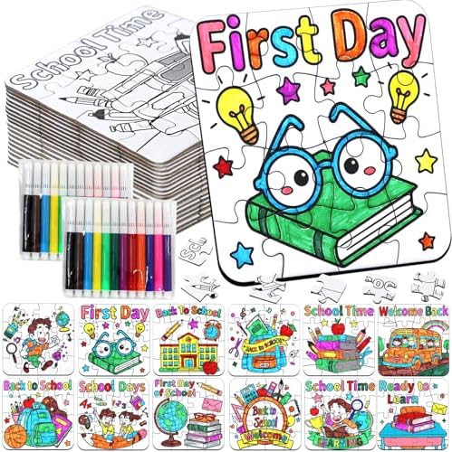 24 Sets Back to School Crafts for Kids Ages 4-8, DIY First Day of School Arts Kits Puzzle Book Glasses Apple Pencil, Christian Gifts for Classroom Activities, Party Favors, Coloring Game Bulk Supplies