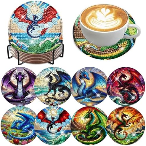 Zythron 8 Pack Diamond Art Coasters,Dragon Diamond Painting Coasters Kits