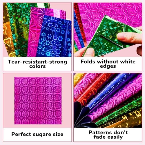 JoyCat Iridescent Laser Origami Paper, 50 Holographic Sheets, 6x6 Inch | Holographic sheets shift color in the light for eye-catching origami, gift wrapping, cards, party decor and metallic crafts.