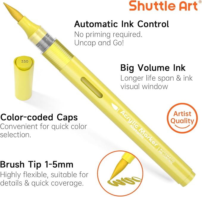 Shuttle Art Automatic Ink Control Acrylic Paint Markers, 24 Metallic Colors Brush Tip Acrylic Paint Pens for Rock Painting, Ceramic, Wood, Canvas, Glass, Stone, Fabric, Card, DIY Football Crafts