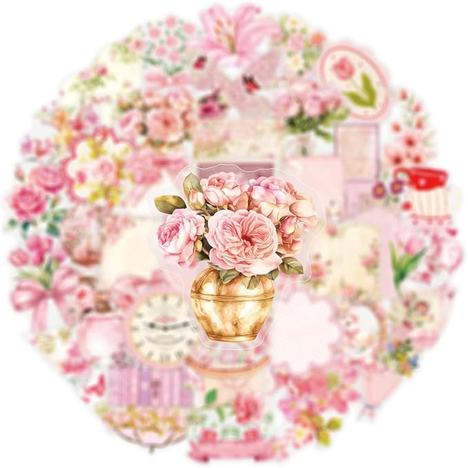 Transparent Pink Aesthetic Stickers,50PCS Girl's Love Waterproof PET Sticker for Scrapbook Journaling Photo Album Collage Card Girl's Romantic Stickers for Girl and Woman(Colourful-F14)