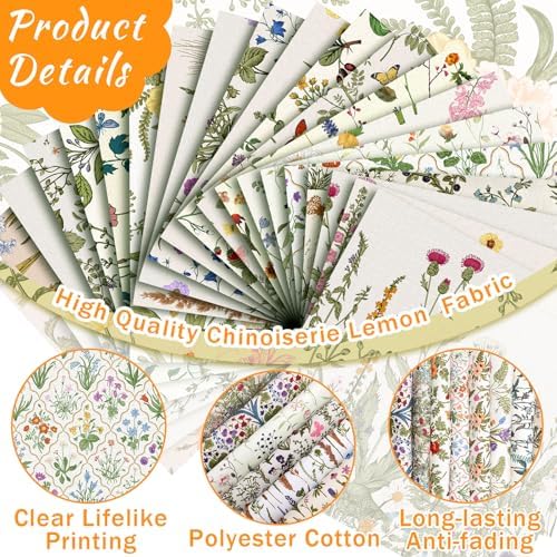 HunnmingRe 20 Pcs 10''x10'' Wildflower Quilting Fabric Square Wildfloral Precuts Quilted Fabric Bundle Flower Butterfly Printed Sewing Material for Spring Summer Holiday Patchwork DIY Craft Supplies