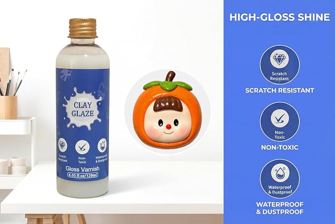 Air Dry Clay Glaze, 120ml High Gloss Polymer Clay Varnish, Prevent Clay Cracking, Scratch Resistant, Waterproof, for Pottery, Crafts, Clay Sealant with Brush & Measuring Cup (4fl oz)