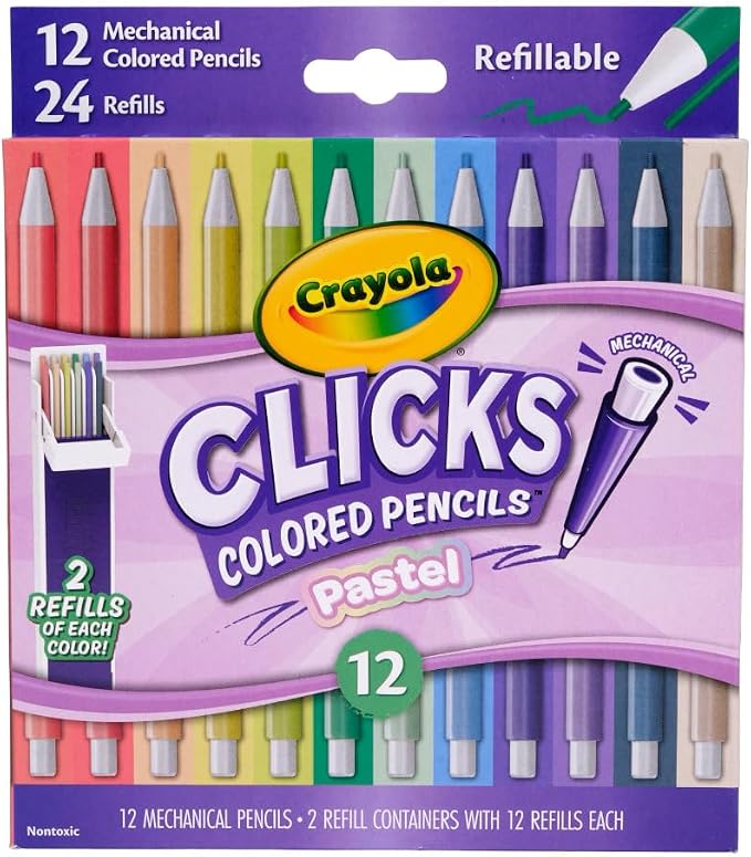 Crayola Clicks 2.0mm Mechanical Colored Pencil Set, 12 Pastel Colors, Cute School Supplies for Teachers, 24 Replacement Cores, Ages 6+