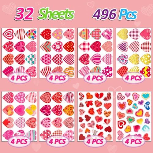 496 PCS Valentines Stickers, Cute Heart Stickers, Valentines Day Sticker for Kids, Class Gifts for Kids Classroom School, Crafts Party Favors Decoration
