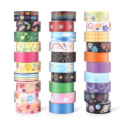 icceemee 30 Rolls Colorful Theme Washi Tape Set with Different Colorful Patterns, Writable Decorative Tapes for Scrapbooking, Junk Journal Supplies, Bullet Journaling, 0.6'' x 79'' per Roll
