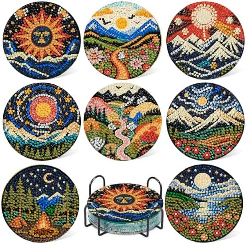 CRZMODE 8 Pcs Landscape Abstract Diamond Art Coasters Kits, Diamond Painting Coasters with Holder Set of 8, DIY Abstract Art Crafts Supplies for Adults Cup Mat House Warming Gifts Non-Slip