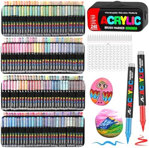 240 Colors Soft Brush Tip Acrylic Markers Set, Paint Pens for Rock, Wood, Fabric, Canvas, Glass, DIY Crafts, Waterproof Paint Markers, Vibrant Acrylic Pens for Artists and Art Projects (BAG)