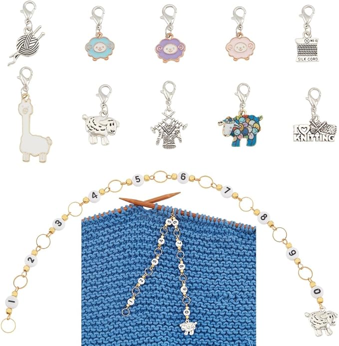 BENECREAT 11Pcs Sheep Theme Charm Stitch Marker, Knitting Counter Chain