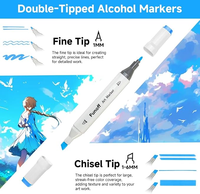 Funoff Alcohol Markers 60 Colors Fine & Chisel Dual Tip Art Marker Set | Permanent Coloring Markers with Carrying Case for Adult Coloring Drawing Sketching Illustration