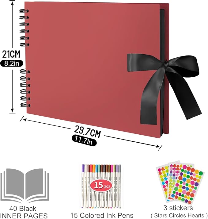 EVNEED 11.5 x 8.5 Inch Scrapbook Photo Album,Wedding Guest Book Anniversary Memory Scrapbooking,Wedding Photo Album with DIY Accessories Kit for Craft Paper DIY,80 Pages (40 Sheets),Red