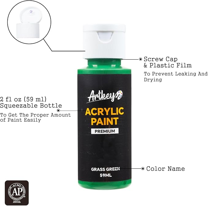 Artkey Acrylic Paint Set, 16 Colors 2 oz/59 ml Acrylic Paint Kit for Professional Artists & Beginners – Summer Bold Art & Craft Supplies for Canvas, Wood, Fabric, Rock, Leather, Ceramic, Glass