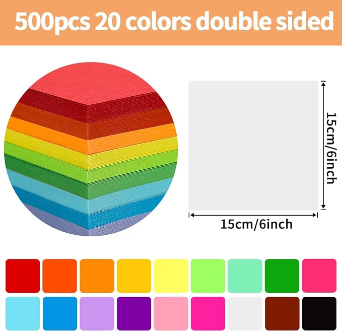 Praisebank White Origami Paper, 500pcs 6x6 inch, Double Sided Color, Origami Kit with Guide instruction for Crafts