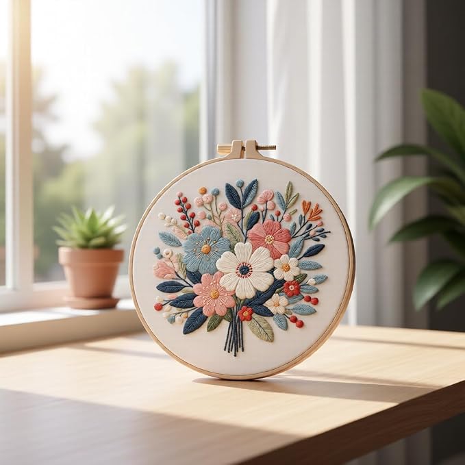 Embroidery Kit for Beginners & Adults Starter Kit, Cross Stitch Kits,DIY Hand Embroidery Needlepoint Set with Hoop, Pre-Printed Fabric, Threads and Instructions (Flower-4)