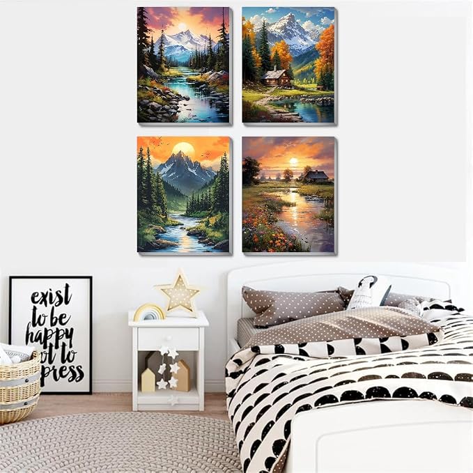 4 pack Mountain Paint by Numbers Kit for Adults Beginner With Framed,Countryside Easy Adult Paint by Number Kits on Canvas DIY Painting for Beginners Art by Numbers for Home Wall Decor 10x12 Inch
