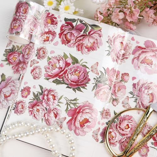 Sitsink PET Tapes - Pink Flower Scrapbook Supplies, Transparent Floral Tapes for Junk Journal Planner