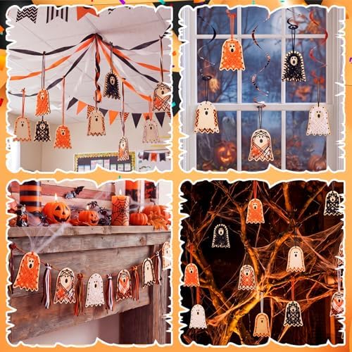 Kathfly 24 Set Halloween Wooden Craft Kit Ghost String Craft Ornaments with Yarn and Plastic Weaving Tools DIY Art Hanging Decorations for Classroom Halloween Haunted House Party Favor Home Activities