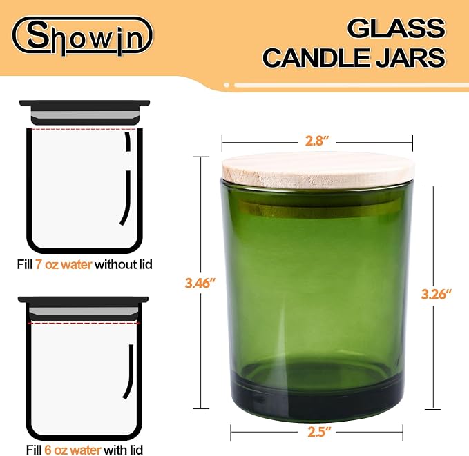 SHOWIN Thick Candle Jars for Making Candles 12 Pcs, 7 OZ Empty Jars with Wood Lids for Candle Making, Sample Container, Clear Green