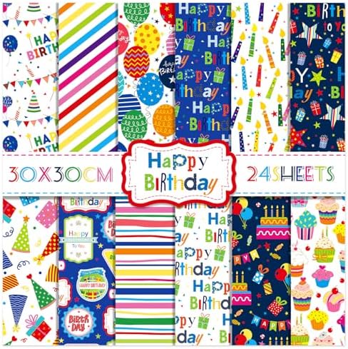 24 Sheets Happy Birthday Scrapbook Paper Pad,160gsm Textured Double-Sided Pattern Planner Junk Journal Craft Paper,Card Making Supplies,30×30cm