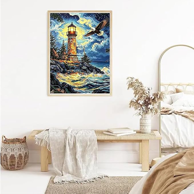 YUXUANKANG Diamond Painting Kit, Lighthouse and Eagle Scene, 12x16 Inch, DIY Craft Activity for Adults, Multicolor Resin