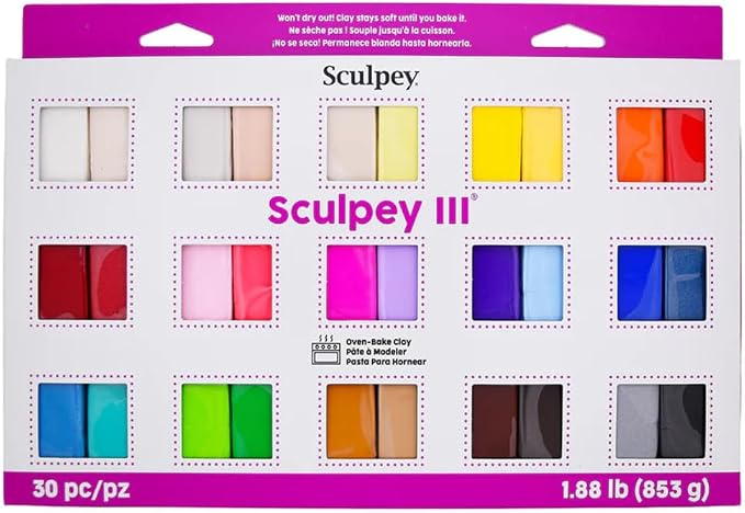 Sculpey III Oven-Bake Polymer Clay 30-Count Sampler Set, 30 Assorted Colors in 1 oz. Bars, Perfect for Jewelry, Home Decor, and General Crafting, Class Pack of 6 Sets, 180 Bars of Clay Total