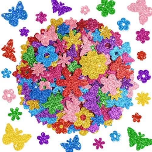 512 PCS Glitter Foam Stickers,Foam Flower&Butterfly Shapes Stickers,8Colors