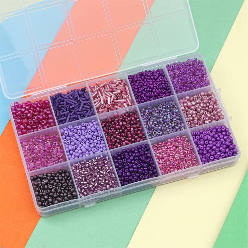 15 Grid Purple Glass Seed Bugle Tube Beads Kit for Jewelry Making DIY Craft