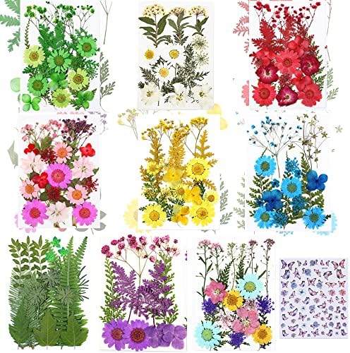 Cayway 8 Pack Dried Flowers for Resin Molds, Real Natural Dried Pressed Flowers, Natural Dried Pressed Leaves with Butterfly Sticker for Scrapbooking DIY Art Crafts, Jewelry