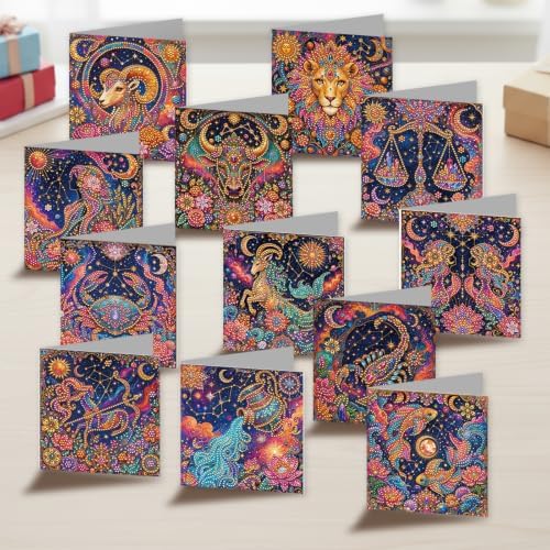 POETRYDRAW DIY Diamond Art Painting Greeting Card Kit, Creative Craft Set for Card Making，12 Zodiac Signs
