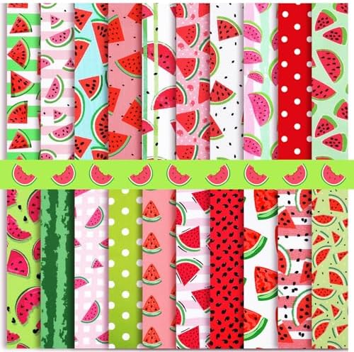 HunnmingRe 20 Pcs 10''x10'' Watermelon Quilting Fabric Square Watermelon Precuts Quilted Fabric Bundle Plaid Polka Dot Stripes Printed Sewing Material for Spring Summer Patchwork DIY Craft Supplies