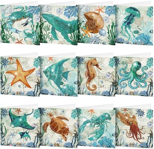 Saillong 12 Pack Summer Ocean Diamond Painting Greeting Card Kits DIY Under the Sea Diamond Art Cards with Envelopes Ocean Animals 5D Rhinestones Painting Making Kits for Adults DIY Craft Family Gifts
