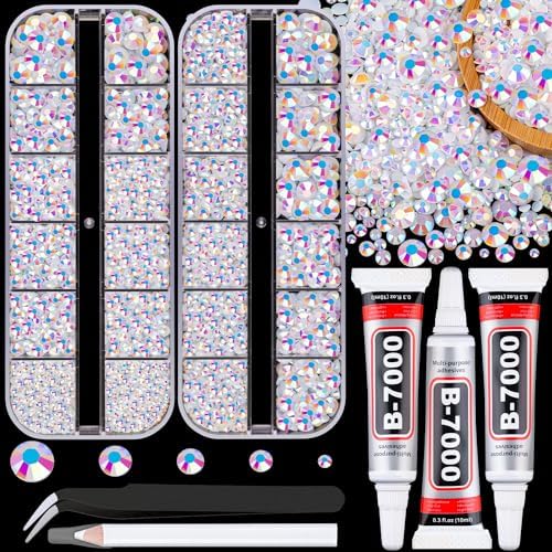 TINKRSTUFF Resin Jelly Rhinestones for Crafting with B7000 Jewelry Glue, 2 Boxes White AB Flatback Crystals with 3Pcs 10ml Glue, Bedazzling Non Hotfix Gems for DIY Tumblers Clothing Shoes Manicure