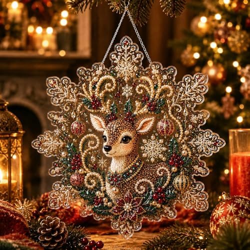 LJSCQF Christmas Pearl Diamond Painting Suncatcher Kit, DIY Craft | Pre-Assembled Metal Chain, Acrylic Snowflake Shape Board with Lace Edge, 3D Mixed-Sized Pearl Beads Craft (Style F, 12IN)
