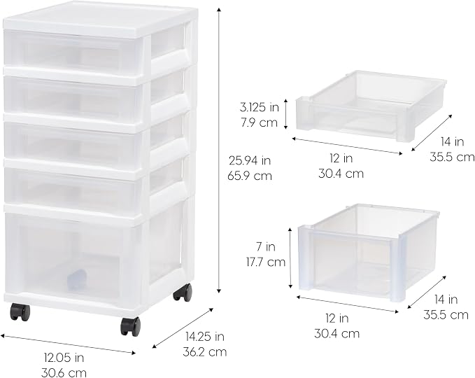 IRIS USA 5-Drawer Rolling Storage Cart with Organizer Top, White/Clear