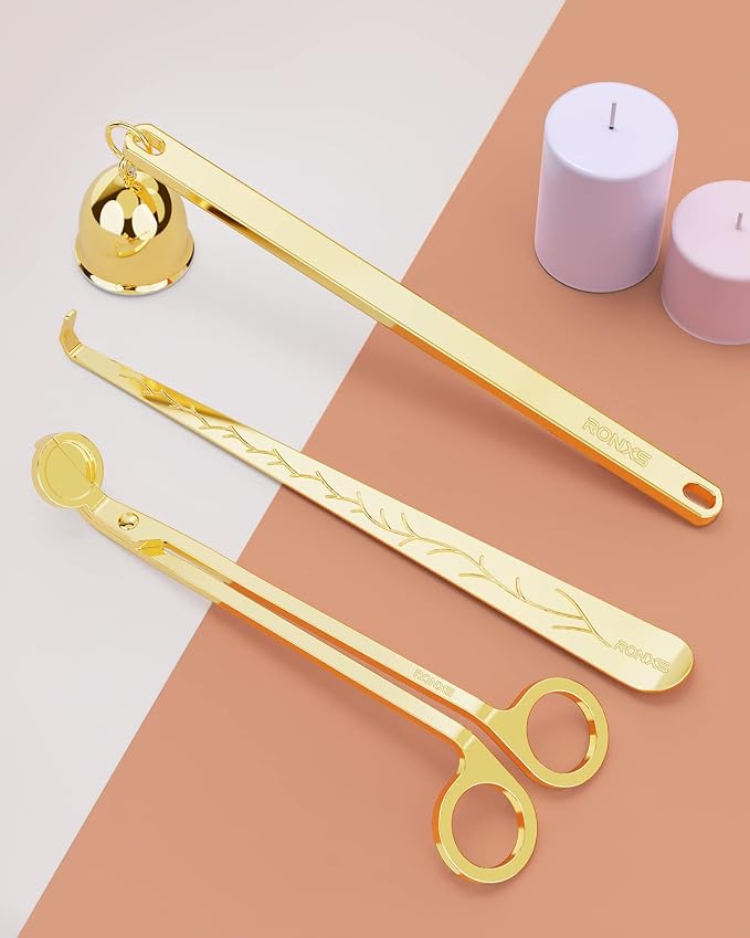 RONXS 3 in 1 Candle Wick Trimmer Set, Snuffer, Dipper, Cutter, Gold | Candle Care Accessory Kit, Stainless Steel, Trims Wick, Puts out Flame and Dips, Gift Box for Candle Lovers Home Decoration