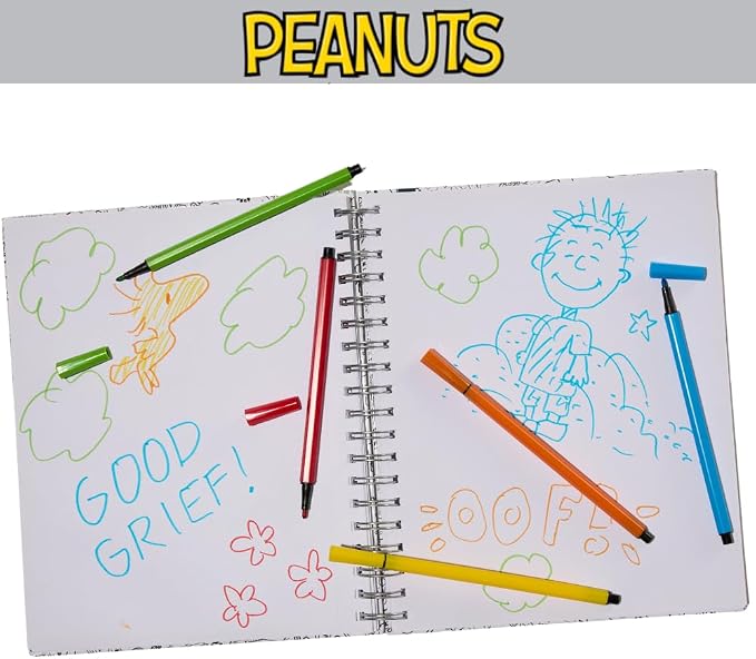 Peanuts Gang Sketchbook for Kids with Washable Markers, 86 Blank Pages Spiral Bound, Snoopy