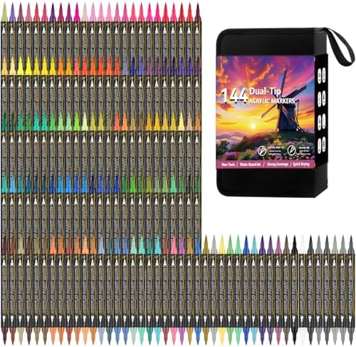 144 Colors Dual Tip Acrylic Paint Markers - Fine & Brush Paint Pens, Water-Resistant, Non-Toxic, Opaque Acrylic Markers Set for Rock Painting, Wood, Glass, Ceramic, Canvas & Fabric - 10 Extra Nibs