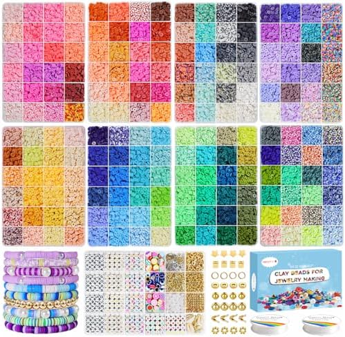 Redtwo 46000 Pcs 192 Colors Clay Beads Friendship Bracelet Making Kit | 9 Boxes Flat Polymer Clay Heishi Beads Set for Jewelry Making with Letter Bead Elastic String, Gifts for Girls 8-12
