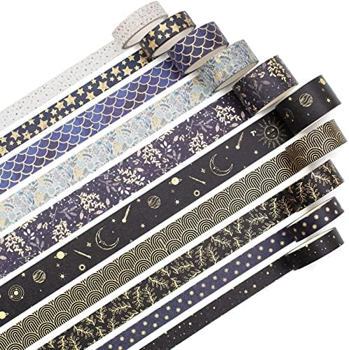 Creative Washi Tape Set 10 Rolls Gold Foil Print Decorative Masking Tapes for Arts, DIY Crafts, Journals, Planners, Scrapbook, Wrapping (Black Mashup)