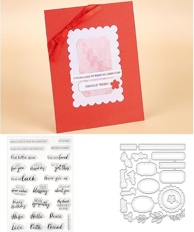 Sentiments Clear Stamps and Metal Cutting Dies for Card Making Greeting Words Silicone Stamp and Die Cuts Set Blessing Words Transparent Stamps for DIY Scrapbooking Paper Craft Supplies