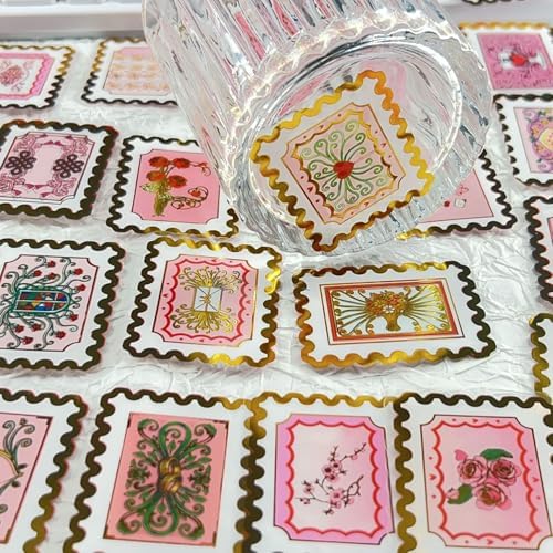 50 PCS Cartoon love stamps Stickers Aesthetic PET Stickers Gold Stamp Decal Waterproof Decorative Decals for Scrapbook DIY Crafts Album Bullet Journal Planner Water Bottles Laptop Phone (Gold stamp-B)