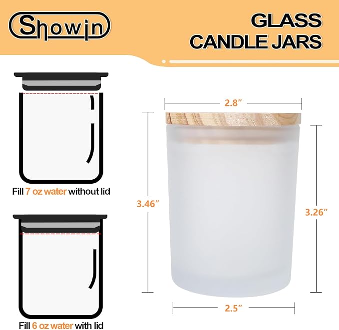 SHOWIN Thick Candle Jars for Making Candles 12 Pcs, 7 OZ Empty Jars with Wood Lids for Candle Making, Sample Container, Frosted White