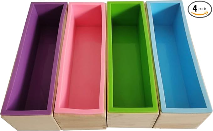 Ziliny 4 Pcs Flexible Rectangular Soap Mold Silicone Molds with Wood Box Soap Loaf Making Supplies DIY Tool for Making Craft(Purple, Green, Blue, Pink)