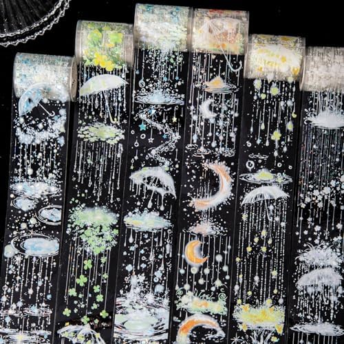 Alideco 6pcs Decorative Adhesive Tapes Vintage Umbrella Raindrops Scenery PET Tape Great for Bullet Journal Supplies, Arts, Scrapbook, DIY Crafts, Planners (yujimenglong)