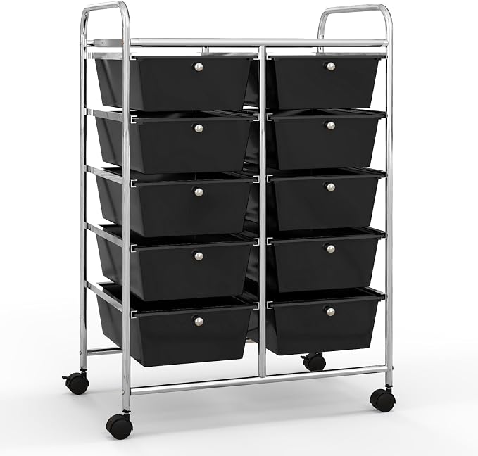 Giantex 10 Drawers Rolling Cart, Classroom Organizers, Storage Cart with Wheels, for Teacher Office Home School Supplies Tool Craft Art Paper, Black