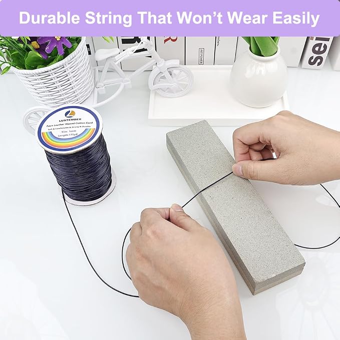 LUSTEMBER 1mm Faux Leather Waxed Cotton Cord, 175 Yards – Durable Necklace String, Soft and Textured Cord for Necklaces, Bracelets, and Jewelry Making