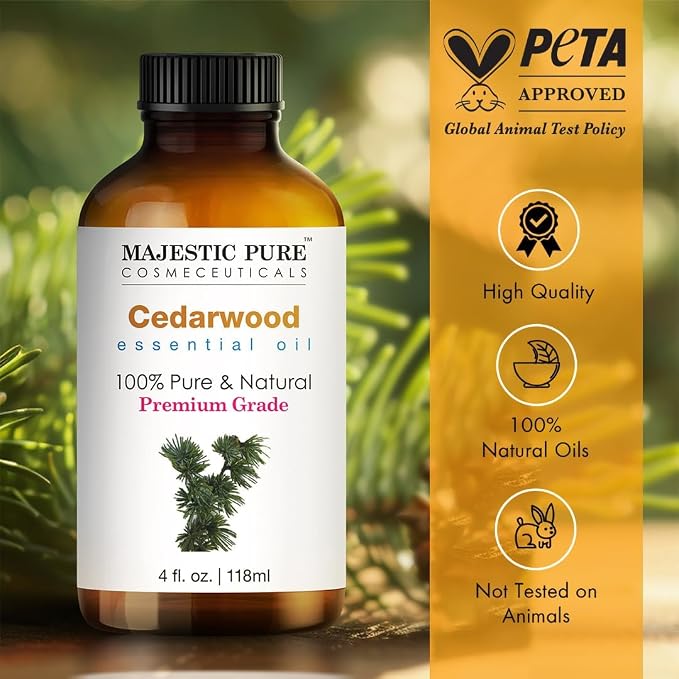 Majestic Pure Cedarwood Essential Oil for Diffuser - 4 Fl Oz | 100% Pure and Natural Essentials Oils for Aromatherapy, Massage, Steam inhalation, Soap and Candle Making, Cedarwood Oil